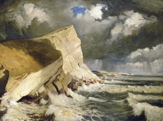 Lulworth Creek, em Dorset (Inglaterra). Óleo sobre tela de Herbert Barnard John Everett (1876-1949)