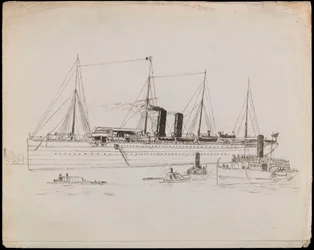 PAH1225; Navio a vapor perto de uma costa com um rebocador ao lado. Navio de passageiros com rebocador e navio a vapor de pás Tilbury nas proximidades (desenho)