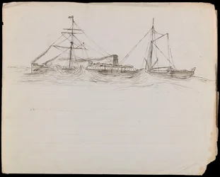 PAH1228; Esboços de um navio de guerra e de dois outros navios da Marinha Real (desenho)