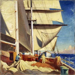 Reparação das velas a bordo do "Brickdale", durante uma viagem de Bristol a Sabine Pass, Texas (Estados Unidos, Estados Unidos), entre abril e junho de 1920
