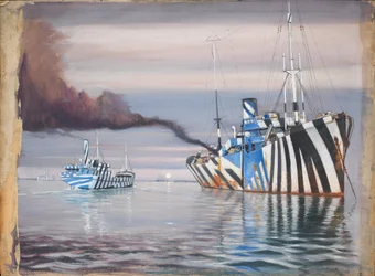 O S.S. Lepanto e outro navio a vapor, ambos pintados com cores deslumbrantes, ancorados em águas calmas