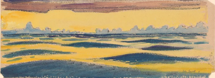 Paisagem marítima, azul escuro e nuvens amarelas e castanhas, finais do século XIX - meados do século XX (aguarela, grafite, pastel)