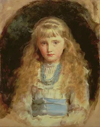 Retrato de Beatrice Caird usando um vestido branco com uma faixa azul