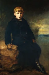 Retrato de Cecil Webb, sentado de corpo inteiro, com casaco preto de gola de pele, 1887