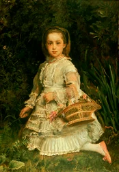 Retrato de Gracia, comprimento total, usando um vestido branco, colhendo flores silvestres