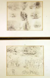 Vários esboços de cenas do campo (juvenil), c.1842 (lápis sobre papel)