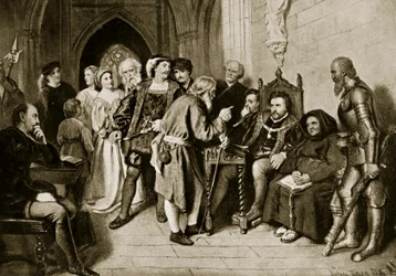 Jaime IV em conselho antes da Batalha de Flodden, 1513, ilustração de «Hutchinson