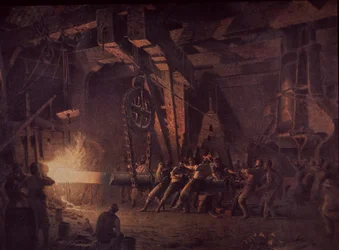 West Point Gun Foundry, forjando o eixo, c.1867 (óleo sobre tela)