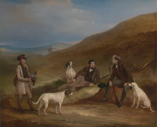 Edward Horner Reynard e o seu irmão George Grouse-Shooting em Middlesmoor, Yorkshire, com o seu Gamekeeper Tully Lamb