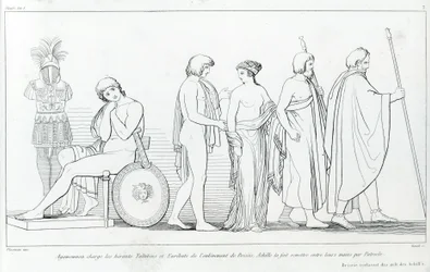 Agamémnon acusou os arautos Taltibius e Euribat do rapto do Briseis; Aquiles mandou entregá-lo às suas mãos por Patrulhas. Desenho de John Flaxman (1755 - 1826). A Ilíada de Homero. Cantando I