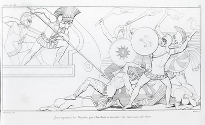 Ajax repele os troianos que procuram queimar os navios gregos. Desenho de John Flaxman (1755 - 1826). A Ilíada de Homero. Cantando XV.