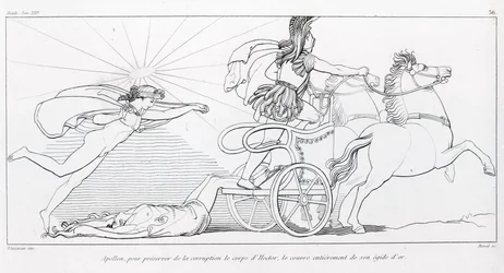 Apolo, deus do Sol, para preservar o corpo de Heitor cobre-o inteiramente com a sua égide dourada. Canto XXIV. Desenho de John Flaxman (1755-1826). Ilíada de Homero.