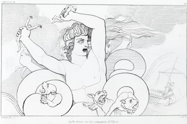 Episódio de Charybde e Scylla: seis dos companheiros de Ulisses são devorados. Desenho de John Flaxman (1755 - 1826). A Odisséia de Homero. Canção XII.