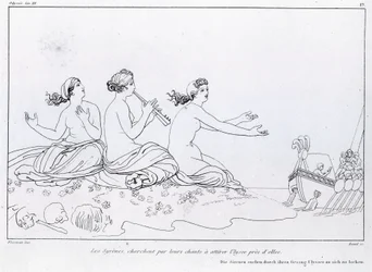 As sereias procuram, pela sua canção, atrair Ulisses. Desenho de John Flaxman (1755 - 1826). A Odisséia de Homero. Canção XII.