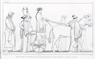 Nausícaa, que acaba de conhecer Ulisses, leva-o ao palácio do seu pai, o rei Alcínoo. Desenho de John Flaxman (1755 - 1826). Odisseia de Homero. Canto VI.