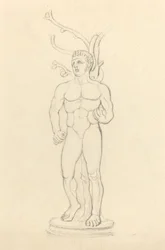 Estátua de um nu masculino diante de uma árvore
