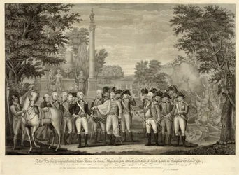 Os britânicos entregam suas armas ao General Washington após sua derrota em York Town, na Virgínia, em outubro de 1781, pub. 1819 (gravura)