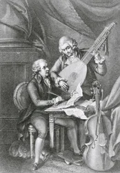Retrato de Franz Joseph Haydn (1732-1809) e Wolfgang Amadeus Mozart (1756-91) compondo música para o alaúde, gravada por Michele Benedetti (1745-1810)