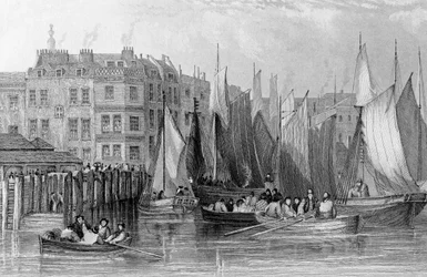 Billingsgate, ilustração em "História de Londres: Ilustrado por vistas de Londres e Westminster" por John Woods, gravado por John Woods, publicado em 1838