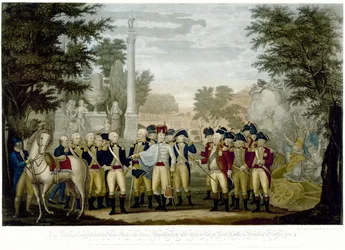 Os britânicos entregando suas armas ao general Washington após sua derrota em York Town na Virgínia em outubro de 1781, 1819 (gravura em cobre colorida à mão)