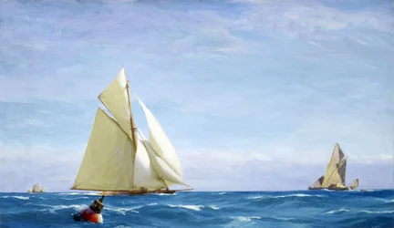 Um grande veleiro e uma barcaça no Tamisa, ao largo da costa de um porto. Óleo sobre tela, cerca de 1910, de John Fraser (1858-1927).