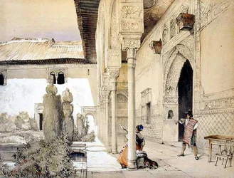 Entrada no Salão dos Embaixadores, de "Esboços e Desenhos da Alhambra", gravado por William Gauci (fl.1825-54)