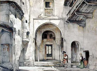 A Entrada para a Mesquita, de "Esboços e Desenhos da Alhambra", gravado por William Gauci (fl.1825-54)