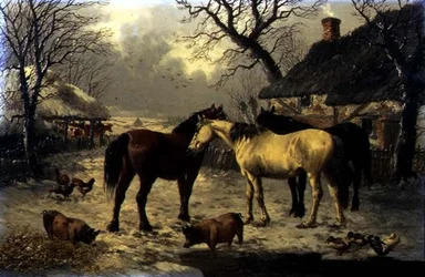 Uma Cena de Winter Farmyard