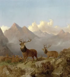 Detalhe de veados e hinds em uma paisagem das montanhas, 1864
