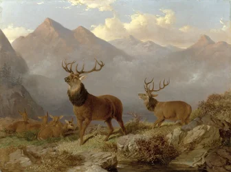 Veados e hinds em uma paisagem das montanhas, 1864