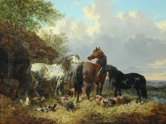 Três cavalos com porcos