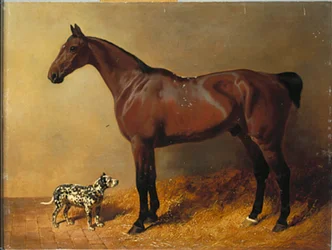 Um caçador de baía e um cachorro malhado em um interior estável, 1846