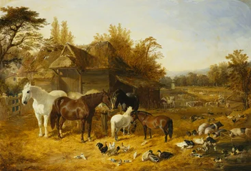 Uma fazenda com cavalos e pôneis, Berkshire, Saddlebacks, gado Alderney Shorthorn, galinhas anãs, pato selvagem e aves da Guiné, com uma mansão rural à beira de um rio à distância, 1853