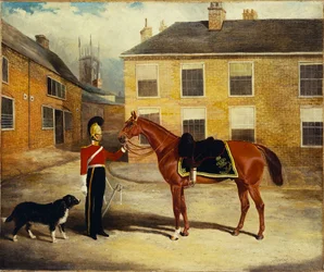 Um oficial da Guarda de Dragoon, Caribineers com seu Monte no Pátio do Quartel, 1839