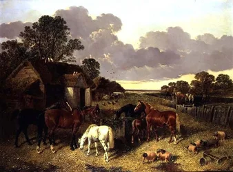 Cavalos, Suínos, Aves, Patos e Gados em um pátio de fazenda