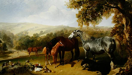 Éguas e potros em uma paisagem (óleo sobre tela)