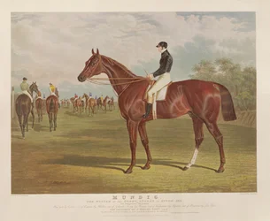 &39;Mundig&39;, o vencedor do Derby Stakes em Epsom, 1835, gravado por Charles Hunt (1803-77), pub. por S. und J. Fuller, 1835 (aquatinta)