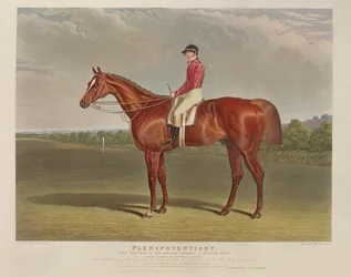 &39;Plenipotentiary&39;, o vencedor do Derby Stakes em Epsom, 1834, gravado por RW Smart e Charles Hunt (1803-77), pub. por S. und J. Fuller, 1834 (aquatinta)