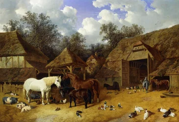O pátio do artista em Meopham, Kent, com cavalos, pôneis de Shetland, porcos, patos, pombos e galinhas, 1857