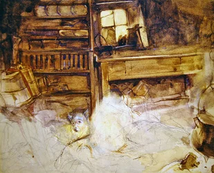Um terrier numa casa de campo das Highlands (lápis e aguarela sobre papel)
