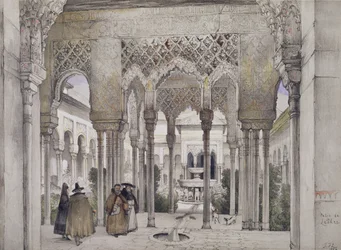 O Tribunal dos Leões (Patio de los Leones), de &39;Esboços e Desenhos da Alhambra&39;, gravado por William Gauci (fl.1825-54), 1834