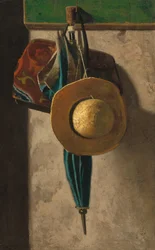 Chapéu de palha, bolsa e guarda-chuva, 1890 início de 1900.
