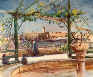 Igreja da Natividade em Belém de um jardim na colina oposta, 1902.