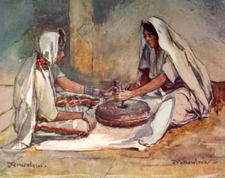 Duas mulheres moendo em um moinho de mão, 1902.