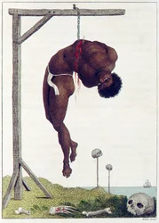 Uma pessoa negra pendurada viva pelas Costelas a uma Galinha, pub. 1796.