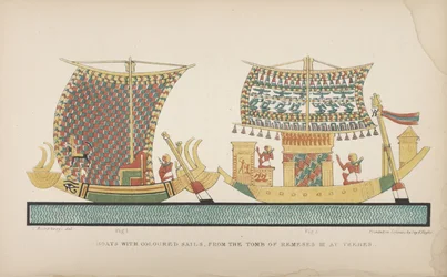 Barcos com velas coloridas, da Tumba de Remeses III em Tebas, ilustração de "Manners and Customs of the Ancient Egyptians ...", 1837-41