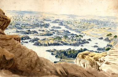 O Nilo na Segunda Catarata. Aguarela de John Gardner Wilkinson (1797-1875), viajante e arqueólogo britânico, "o Pai da Egiptologia Britânica".