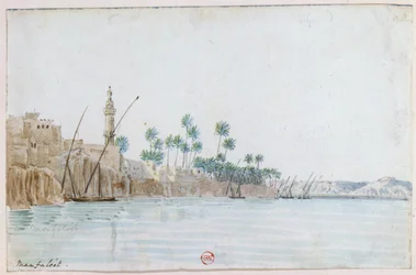 Vista de Manfaloot". Aguarela. John Gardner Wilkinson (1797-1875) explorador e egiptólogo inglês. Cidade junto ao rio Nilo, com minarete, palmeiras e barcos ancorados. Egito