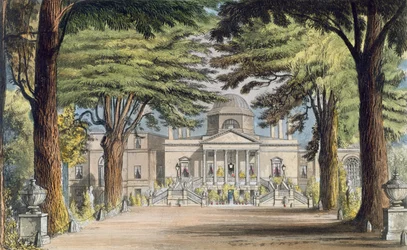 Frente principal de Chiswick House, de R. Ackermann (1764-1834) &39;Repository of Arts&39;, publicado em 1823 (gravura a cores)