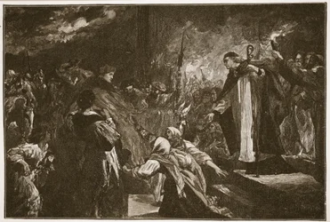 Wolsey cardinal na abadia de Leicester, ilustração "da igreja de Inglaterra: Uma história para os povos" por HDM Spence-Jones, bar. c.1910 (foto sépia)